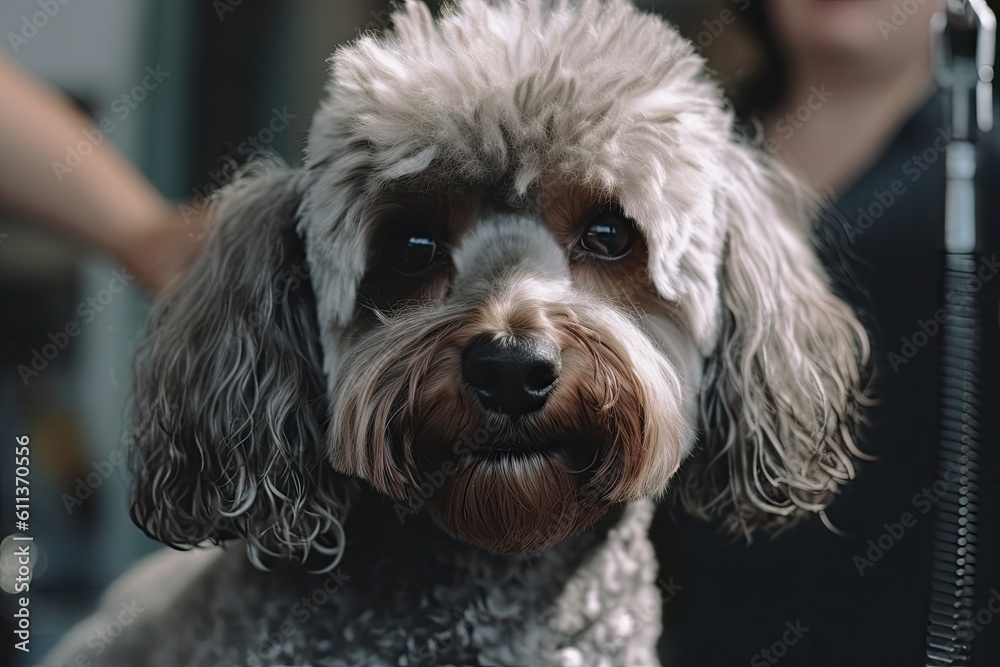 Portrait of a cute dog in the groomer salon, pet care. Generative AI Portrait of a cute dog in the groomer salon, pet care. Generative AI