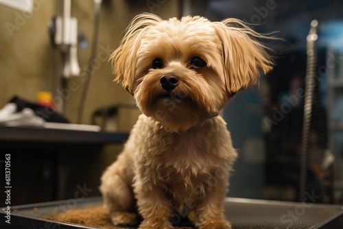 Cute dog in the groomer salon, pet care. Generative AI © Iryna