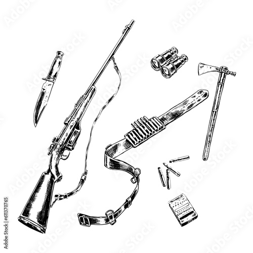 vector lineart image of frequently used hunting equipment