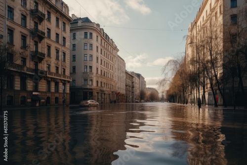 Water on a city street, pipe break or flood. Generative AI