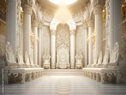 Decorated empty throne hall. White throne.