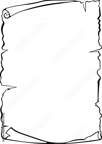 Vertical scroll unrolled old papyrus. Ancient scroll with copyspace. Vector illustrations in hand drawn sketch style isolated on white. Black outline graphics. Banner parchment with space for text