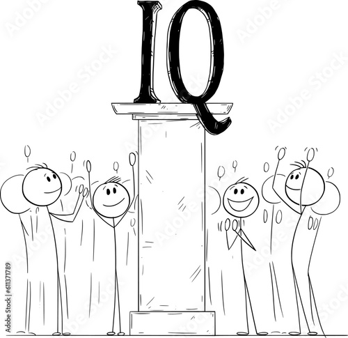 Crowd Applauding and Celebrating IQ or Intelligence Quotient Statue on Pedestal, Vector Cartoon Stick Figure Illustration
