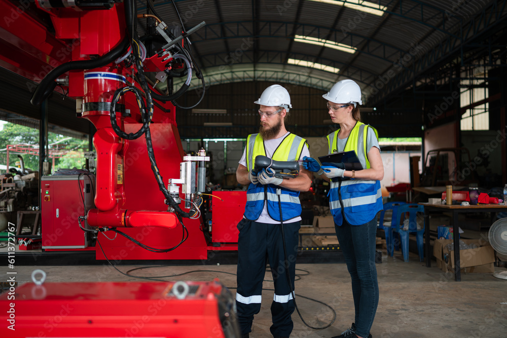 Both of engineers installing and testing a large robotic arm. before sending it to customers for use in the industry Both of engineers installing and testing a large robotic arm. before sending it to customers for use in the industry