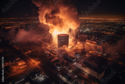 Aerial view of Big explosion and fire on power plant. Generative AI