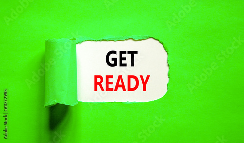 Get ready symbol. Concept words Get ready on a beautiful white paper on a beautiful green background. Business, support, motivation and get ready concept. Copy space.