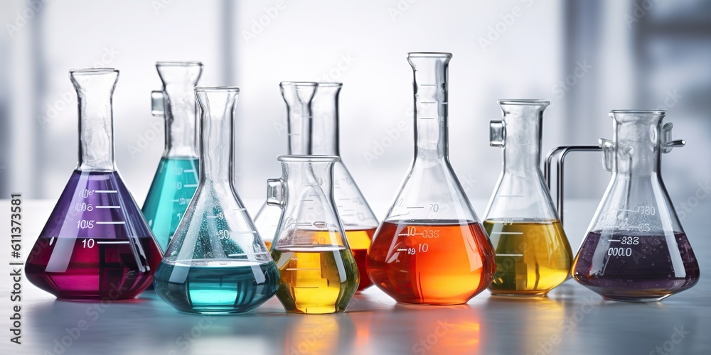 AI Generated. AI Generative. Chemical medicine laboratory set of volumetric glassware bottles for researh. Graphic Art AI Generated. AI Generative. Chemical medicine laboratory set of volumetric glassware bottles for researh. Graphic Art