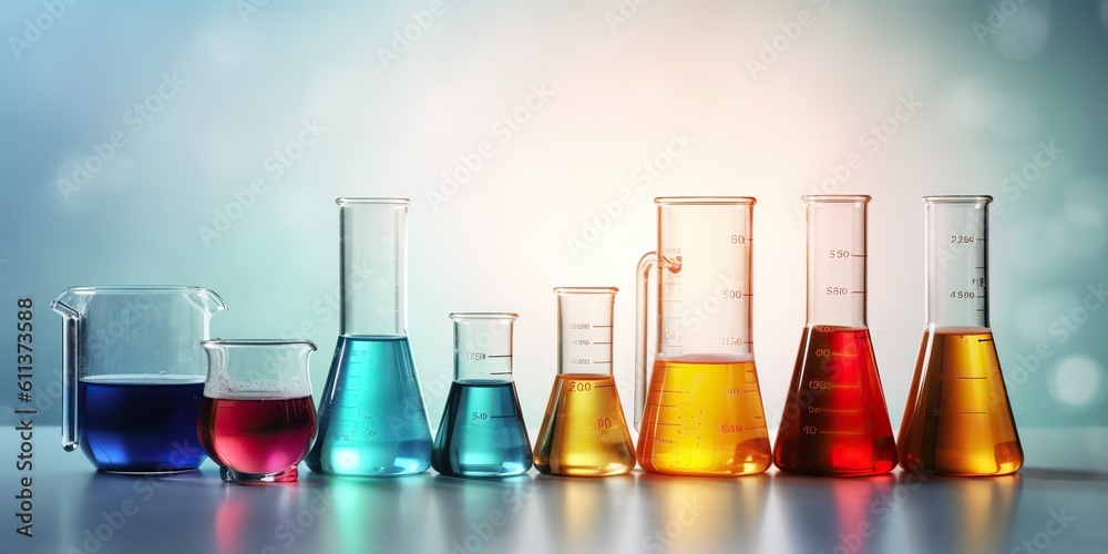 AI Generated. AI Generative. Chemical medicine laboratory set of volumetric glassware bottles for researh. Graphic Art AI Generated. AI Generative. Chemical medicine laboratory set of volumetric glassware bottles for researh. Graphic Art