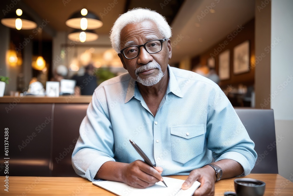 Mature african american businessman looking away thoughtfully while working in a modern cafe. Senior businessman using a laptop while working remotely. Generative AI Mature african american businessman looking away thoughtfully while working in a modern cafe. Senior businessman using a laptop while working remotely. Generative AI
