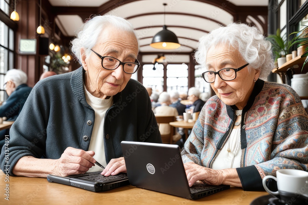 couple of senior man and woman holding laptop smiling while sitting in cafe. Happy, wireless technology, coffee, togetherness, support, assisted living, retirement concept. Generative AI couple of senior man and woman holding laptop smiling while sitting in cafe. Happy, wireless technology, coffee, togetherness, support, assisted living, retirement concept. Generative AI