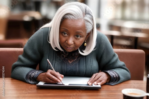 Old woman in cafe looks at laptop screen feels confused, difficulties with modern gadgets not understanding how it works, need assistance in learning to use devices and digital services. Generative AI
