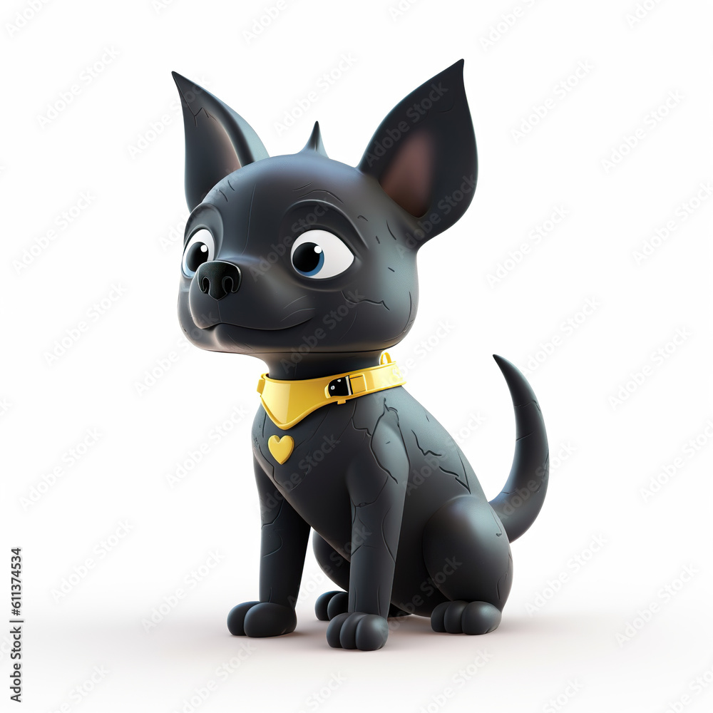 Cute and adorable cartoon fluffy black baby dog. A cartoon black dog with on white background. Cute and adorable little dog as cartoon character. Realistic 3D illustration. Generative AI