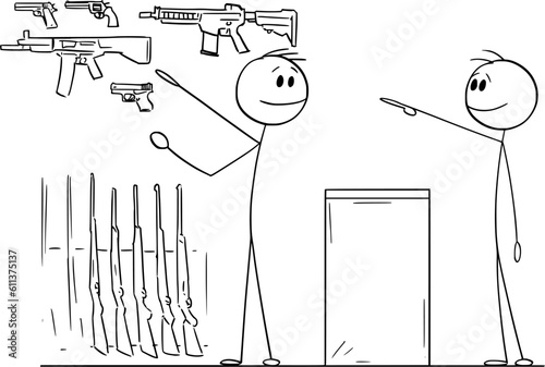 Person Buying Rifle in Gun Shop , Vector Cartoon Stick Figure Illustration