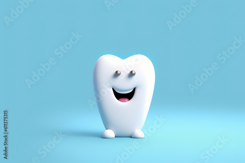 Cute little tooth cartoon cartoon character. Dentist smiling dentistry care blue hygiene tooth dental child smile. Cute 3D teeth carachter. Realistic 3D illustration. Generative AI
