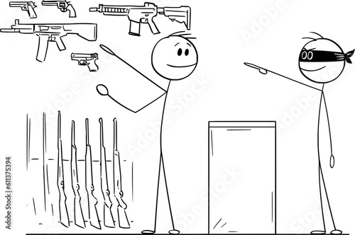 Criminal Buying Rifle in Gun Shop , Vector Cartoon Stick Figure Illustration