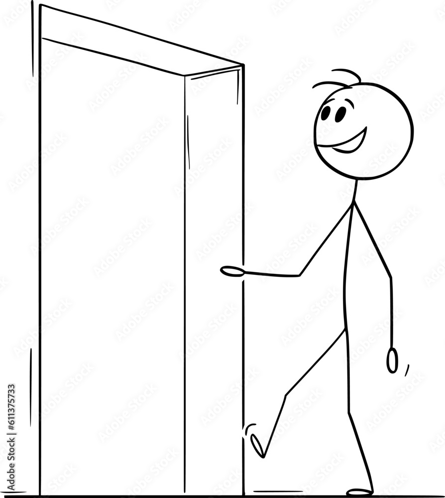 Happy Smiling Person Entering or Leaving Building, Vector Cartoon Stick ...