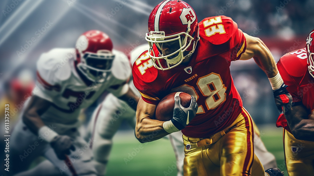 American football players action on stadium, American football super bowl game in the grand arena at night with spotlighting, Generative AI American football players action on stadium, American football super bowl game in the grand arena at night with spotlighting, Generative AI