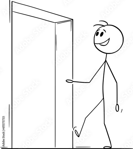 Happy Smiling Person Entering or Leaving Building, Vector Cartoon Stick Figure Illustration