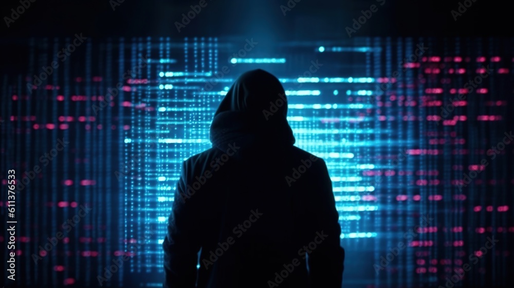 Computer hacker in hoodie with matrix code instead his face on blue digital background. Data thief, internet fraud, darknet and cyber security concept. Generative ai Computer hacker in hoodie with matrix code instead his face on blue digital background. Data thief, internet fraud, darknet and cyber security concept. Generative ai