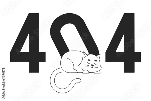 Sleeping white cat black white error 404 flash message. Tilted zero number. Lazy cat. Monochrome empty state ui design. Page not found popup cartoon image. Vector flat outline illustration concept