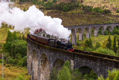 Steam Train on Glenfinnan Viaduct in Scotland