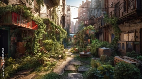 Concept art illustration of post apocalyptic city overgrown with lush vegetation. Generative AI