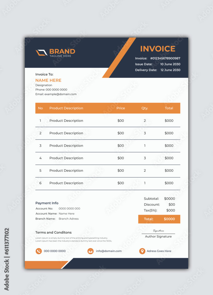 Invoice Layout with Dark Blue and Orange Header 