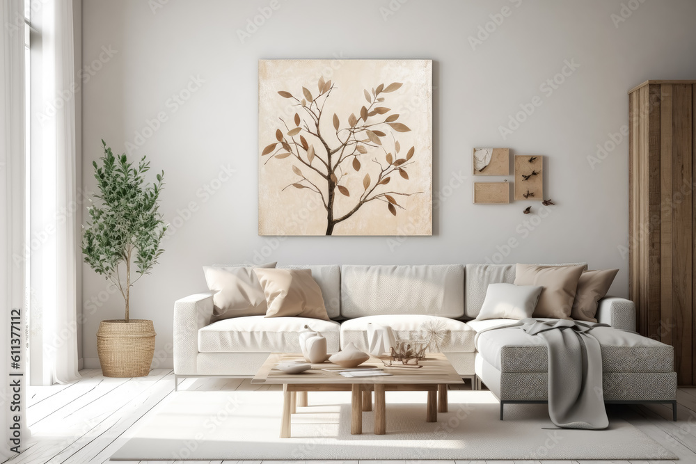 Fototapeta premium Modern contemporary living room in white color and wooden furniture and plants. White sofa in luxury apartment. Generative Ai.