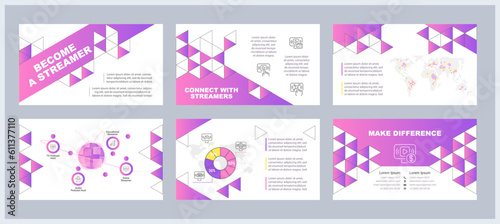 Become streamer presentation templates set. Live streaming. Online audience. Content monetization. Ready made PPT slides on white background. Graphic design. Arial, Myriad Pro fonts used