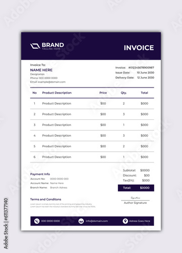 Business invoice form template. Invoicing quotes, money bills or price invoices and payment agreement design template.