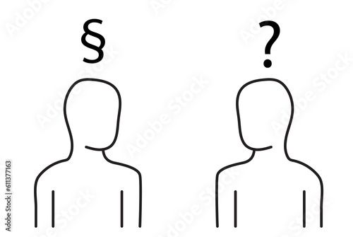 Law and Questions in the Right. Two Figures, one with a Paragraph and the other with a Question Mark. Line Vector Flat Design - EPS 10