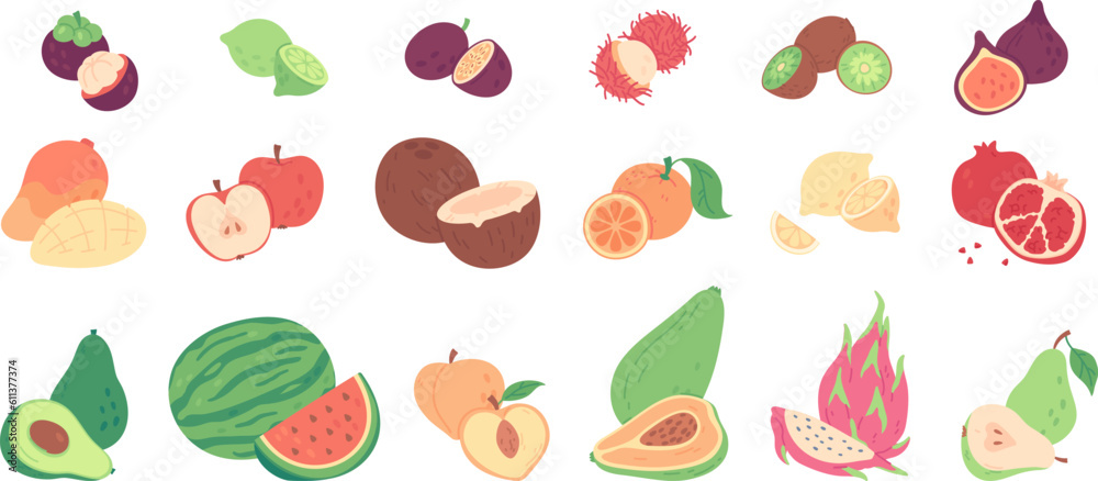 Sweet tropical fruit doodles, avocado half, lemon and orange slices. Hand drawn exotic fruits, sliced kiwi, papaya and peach, summer fresh organic ingredients, vitamin rich food stickers vector set