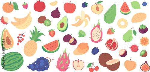 Cute exotic fruit doodles, coconut and lemon slices. Hand drawn tropical fruits, dragon fruit, melon slice and berries, vitamin rich food doodle stickers, summer fresh organic ingredients vector set
