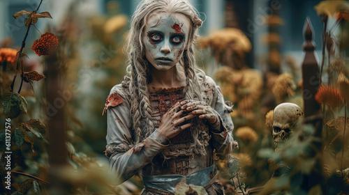 Little girl whith spooky Halloween makeup. Creepy and scary autumn holiday costume for Halloween celebration. Generative AI. photo