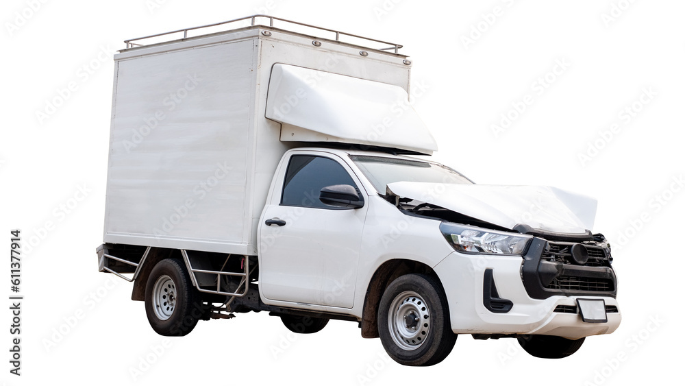 Full body side view of white delivery  car get damaged by accident on the road. damaged cars after collision. Isolated on transparent background , PNG File