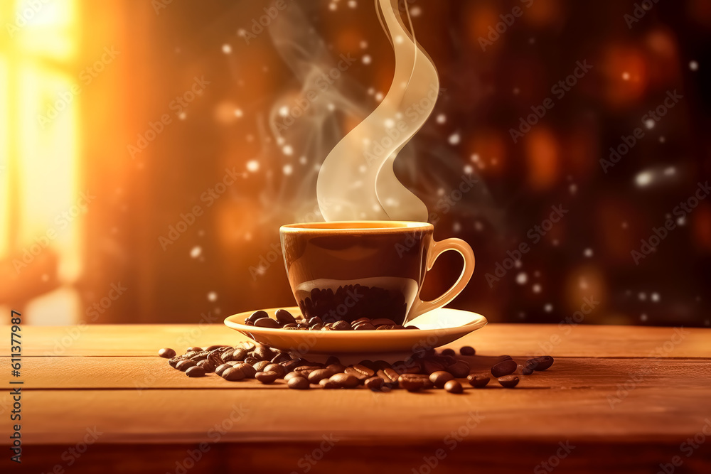 Obraz premium Coffee cup steaming on wooden table near roasted coffee beans. Generative Ai.