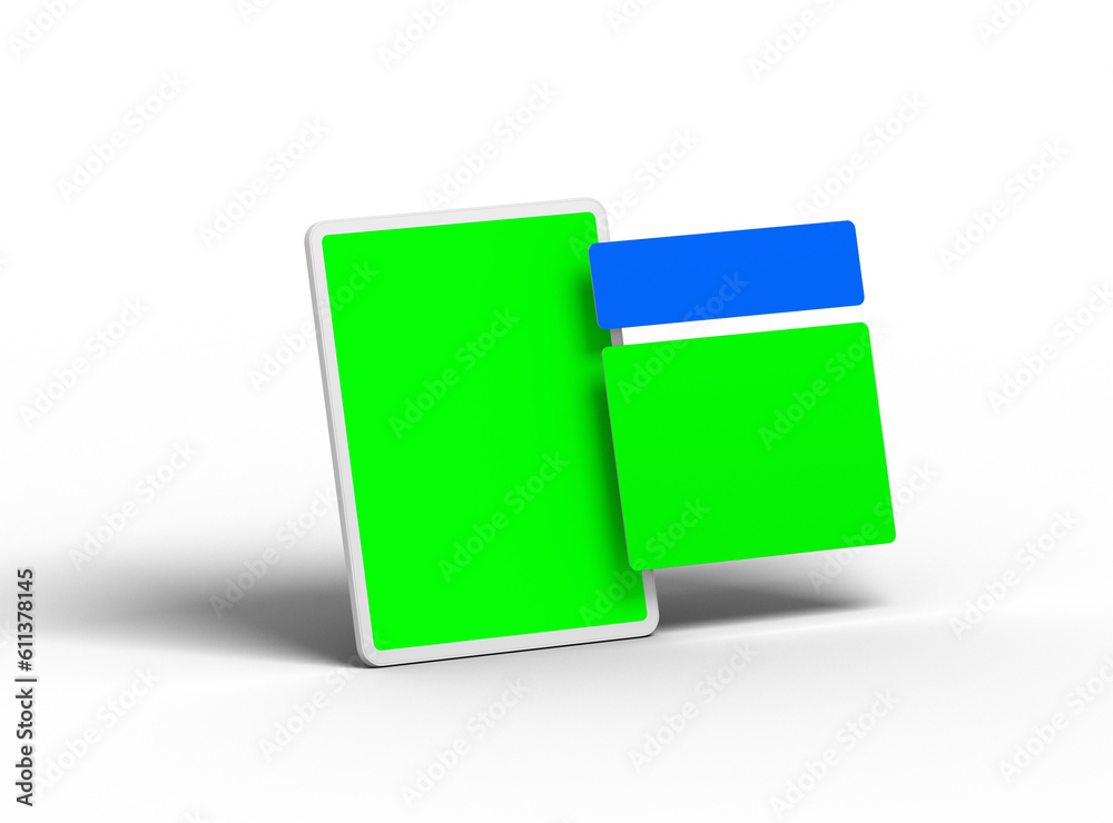 Customizable mockup of a white unbranded tablet with popped-up changeable screens on transparent background. 3D Render Customizable mockup of a white unbranded tablet with popped-up changeable screens on transparent background. 3D Render