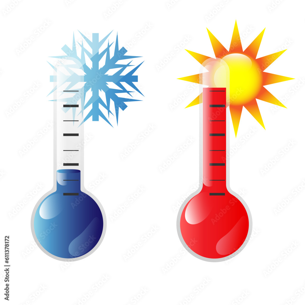 Thermometer hot and cold temperature. Meteorological thermometers measuring climate. White background, Blue and red thermometer Thermometer hot and cold temperature. Meteorological thermometers measuring climate. White background, Blue and red thermometer