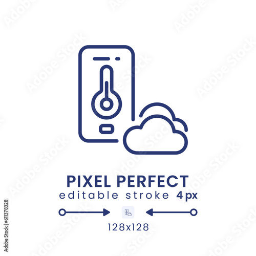 Weather app linear desktop icon. Meteorological forecast. Atmosphere conditions. Pixel perfect 128x128, outline 4px. GUI, UX design. Isolated user interface element for website. Editable stroke