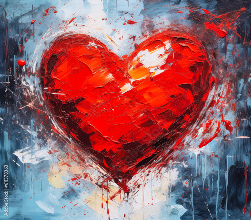 Painted red heart valentine s day greeting card, in the style of oil paintings, loose, gestural marks, in the style of shaped canvas, red, pink & purple colors.  Generative Ai. photo