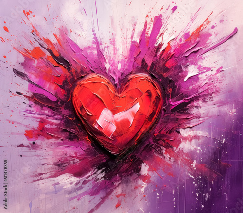 Painted red heart valentine s day greeting card, in the style of oil paintings, loose, gestural marks, in the style of shaped canvas, red, pink & purple colors.  Generative Ai. photo