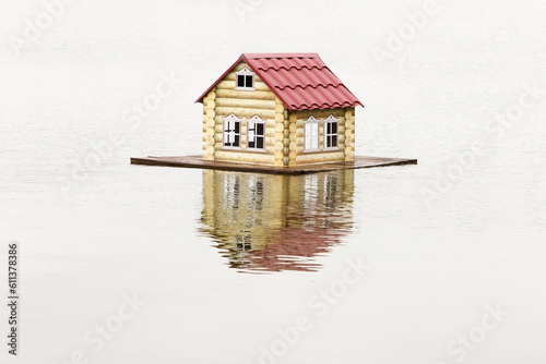 A beautiful wooden feeder house floats on lake, with food for ducks, swans and other birds. It is a help for birds in cold season