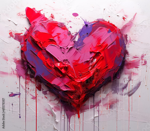 Painted red heart valentine s day greeting card, in the style of oil paintings, loose, gestural marks, in the style of shaped canvas, red, pink & purple colors.  Generative Ai. photo