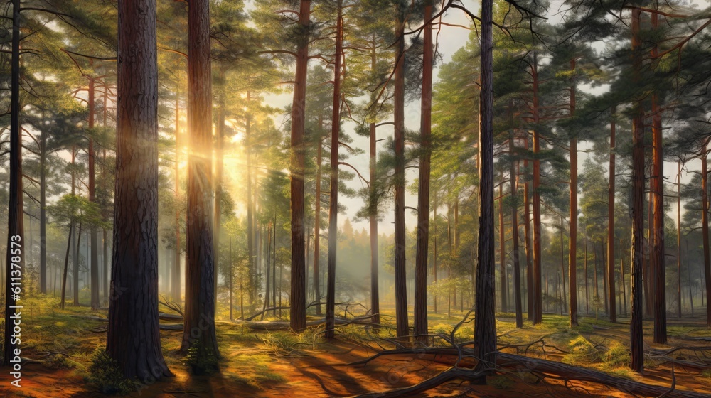 Fototapeta premium A Majestic Forest of Towering Pine Trees