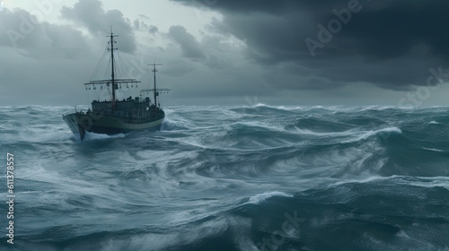 Ship in the stormy sea with huge waves. Giant stormy waves in the ocean and boat. Generated AI.