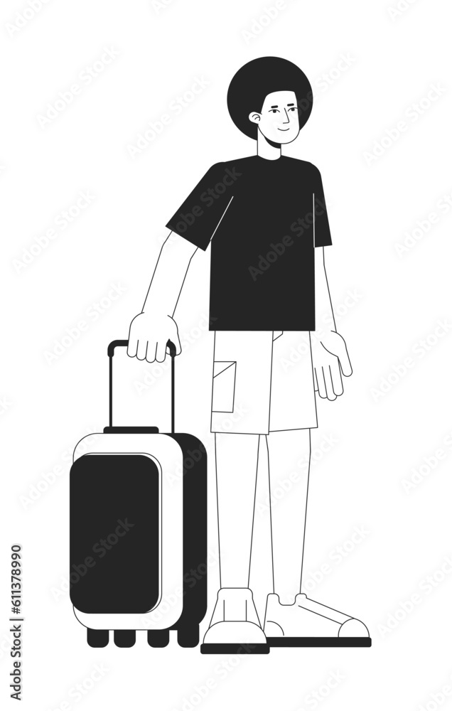 Afro hair man holding baggage flat line black white vector character. Editable outline full body person. Traveler standing with luggage simple cartoon isolated spot illustration for web graphic design Afro hair man holding baggage flat line black white vector character. Editable outline full body person. Traveler standing with luggage simple cartoon isolated spot illustration for web graphic design