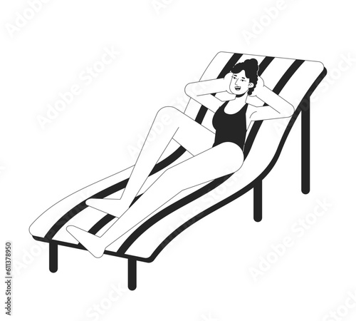 Swimsuit woman lying on deck chair flat line black white vector character. Editable outline full body person. Sunbathing girl on chaise longue simple cartoon isolated spot illustration for web design
