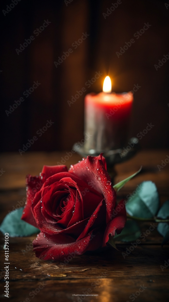 A romantic scene featuring a single red rose gently placed on a rustic wooden table, bathed in the warm glow of candlelight, with soft petals and delicate thorns that evoke a sense of passion and inti A romantic scene featuring a single red rose gently placed on a rustic wooden table, bathed in the warm glow of candlelight, with soft petals and delicate thorns that evoke a sense of passion and inti