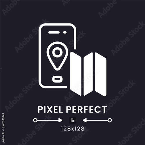 Navigation app white solid desktop icon. Offline map. Driving directions. Route planning. Pixel perfect 128x128, outline 4px. Silhouette symbol for dark mode. Glyph pictogram. Vector isolated image