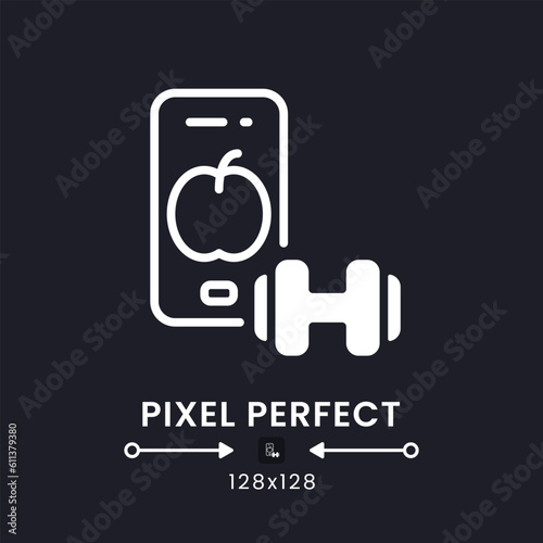 Fitness app white solid desktop icon. Personal training. Weight loss. Activity tracker. Pixel perfect 128x128, outline 4px. Silhouette symbol for dark mode. Glyph pictogram. Vector isolated image